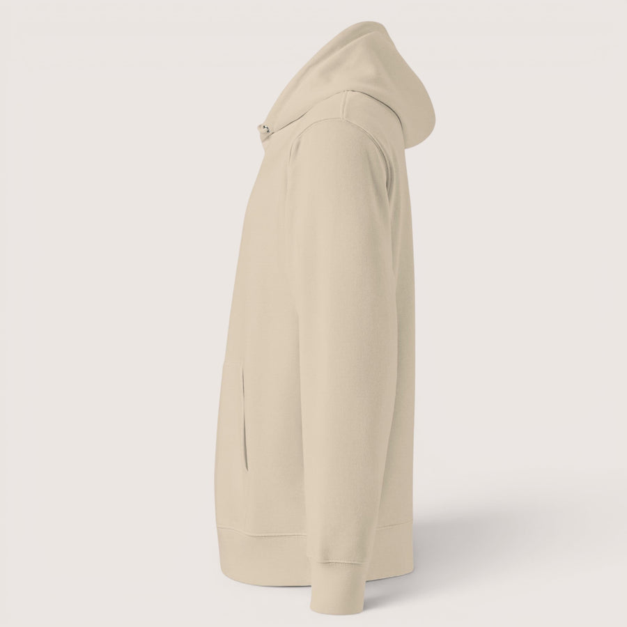 ETHIKKALL sweat à capuche unisexe beige en coton organique, avec poche kangourou et capuche.