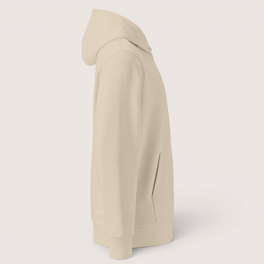 Sweat à capuche unisexe ETHIKKALL beige en coton organique, avec poche kangourou et capuche.