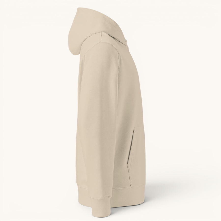 Sweat à capuche unisexe ETHIKKALL beige en coton organique, avec poche kangourou et capuche.