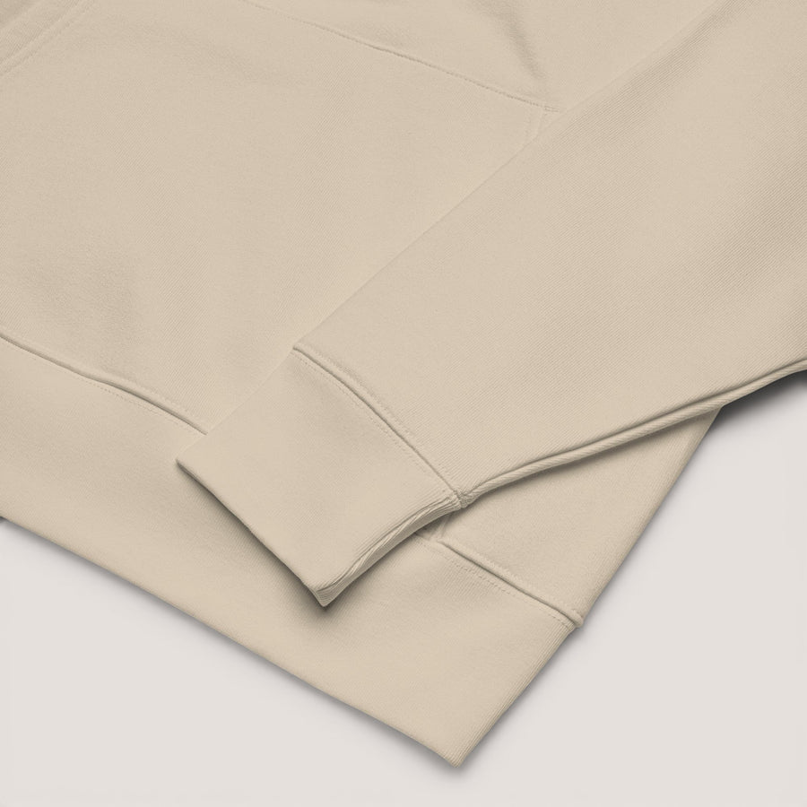 ETHIKKALL sweat à capuche unisexe beige en coton organique, avec poche kangourou et capuche doublée.