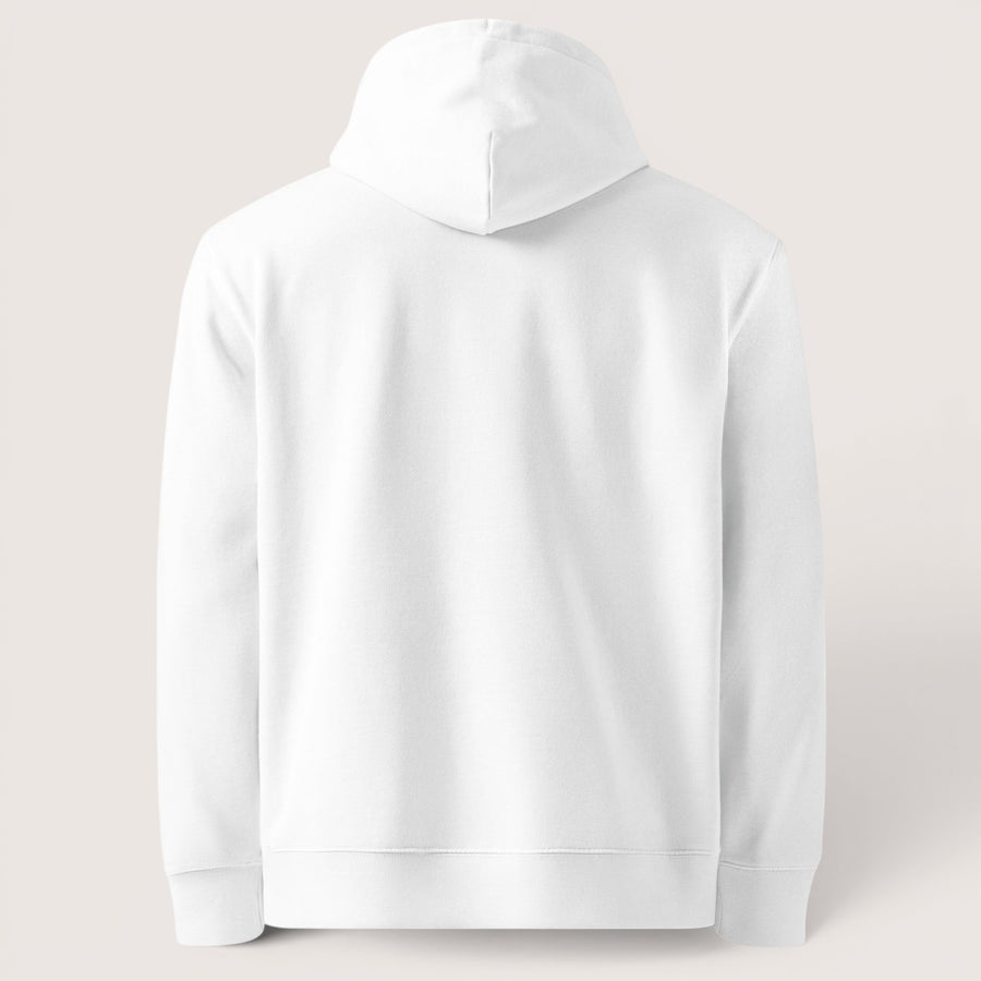 Sweat à capuche unisexe blanc ETHIKKALL en coton organique, avec capuche et poche kangourou.