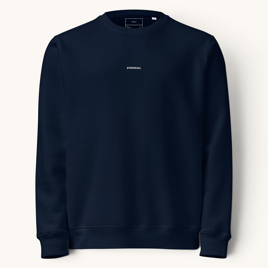 Sweat ETHIKKALL bleu marine en coton biologique, coupe décontractée, col rond, idéal pour le printemps.
