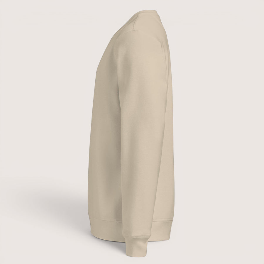 ETHIKKALL sweat-shirt biologique beige à col rond, manches longues et détail demi-lune à l'arrière.