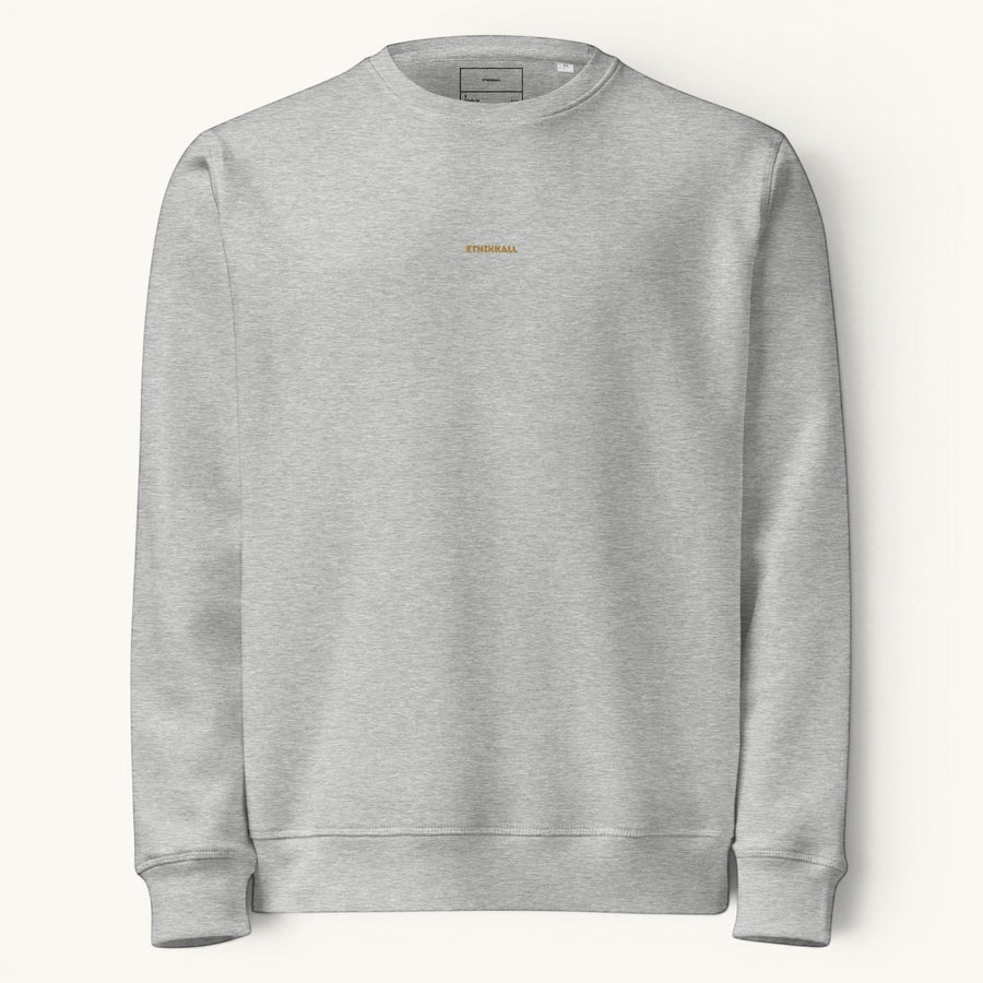 Sweat-shirt ETHIKKALL gris en coton biologique, coupe décontractée, avec petit logo brodé sur la poitrine et détail demi-lune au dos.