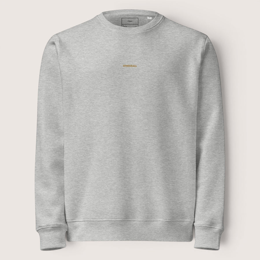 Sweat-shirt ETHIKKALL gris en coton biologique, coupe décontractée, avec petit logo brodé sur la poitrine et détail demi-lune au dos.