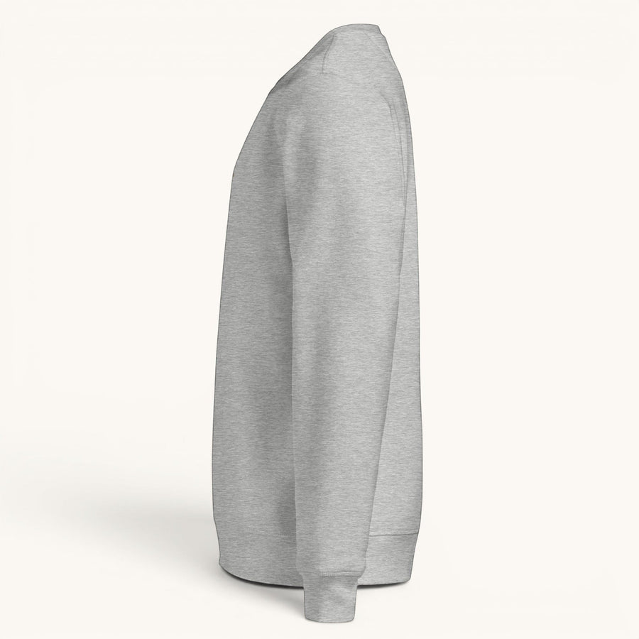 Sweat-shirt ETHIKKALL gris en coton biologique, coupe décontractée avec détail demi-lune à l'arrière.