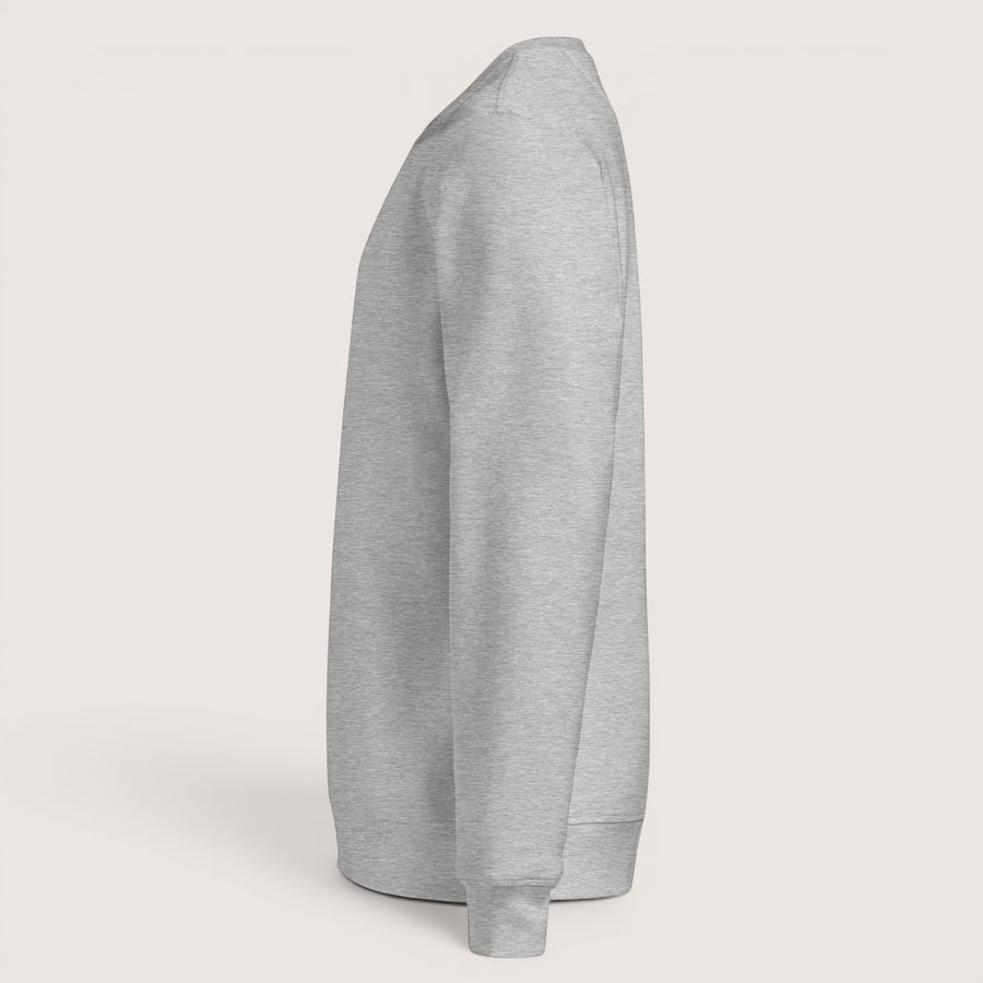 Sweat-shirt ETHIKKALL gris en coton biologique, coupe décontractée avec détail demi-lune à l'arrière.