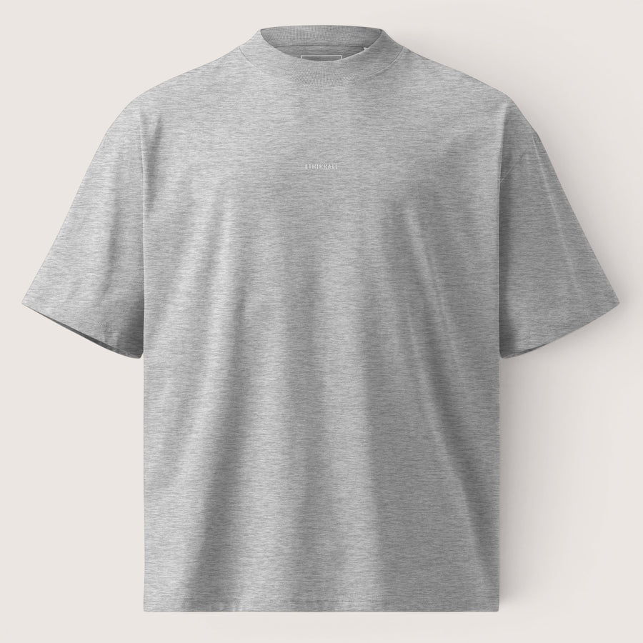 T-shirt ample gris ETHIKKALL en coton biologique avec col rond et épaules tombantes, idéal pour le streetwear.