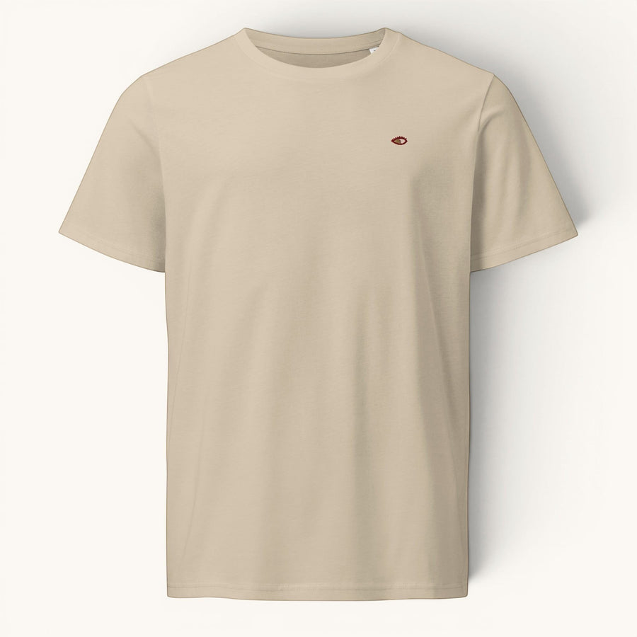 ETHIKKALL t-shirt en coton biologique beige avec un petit logo œil brodé sur la poitrine gauche.