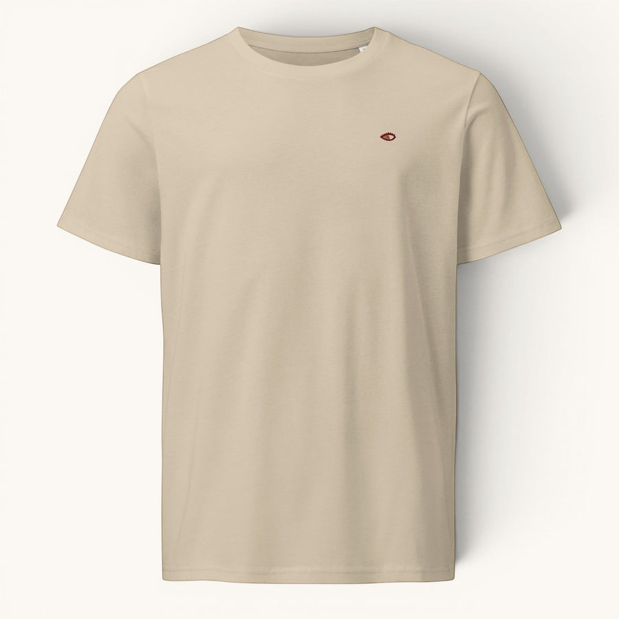 ETHIKKALL t-shirt beige en coton biologique avec un petit logo œil brodé sur la poitrine gauche. Coupe droite.
