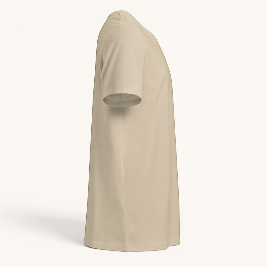 ETHIKKALL t-shirt en coton biologique beige, coupe droite, manches courtes, col rond, idéal pour un look décontracté et éco-responsable.