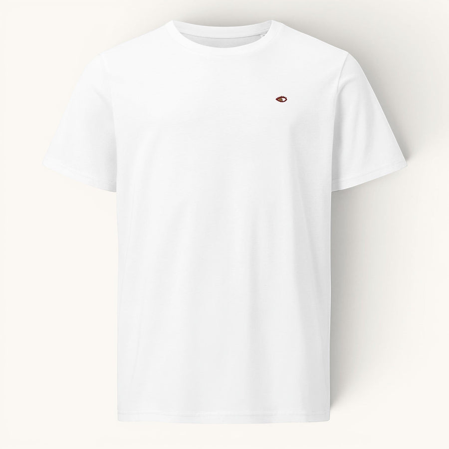 ETHIKKALL t-shirt blanc en coton biologique avec un petit logo œil brodé sur la poitrine gauche.