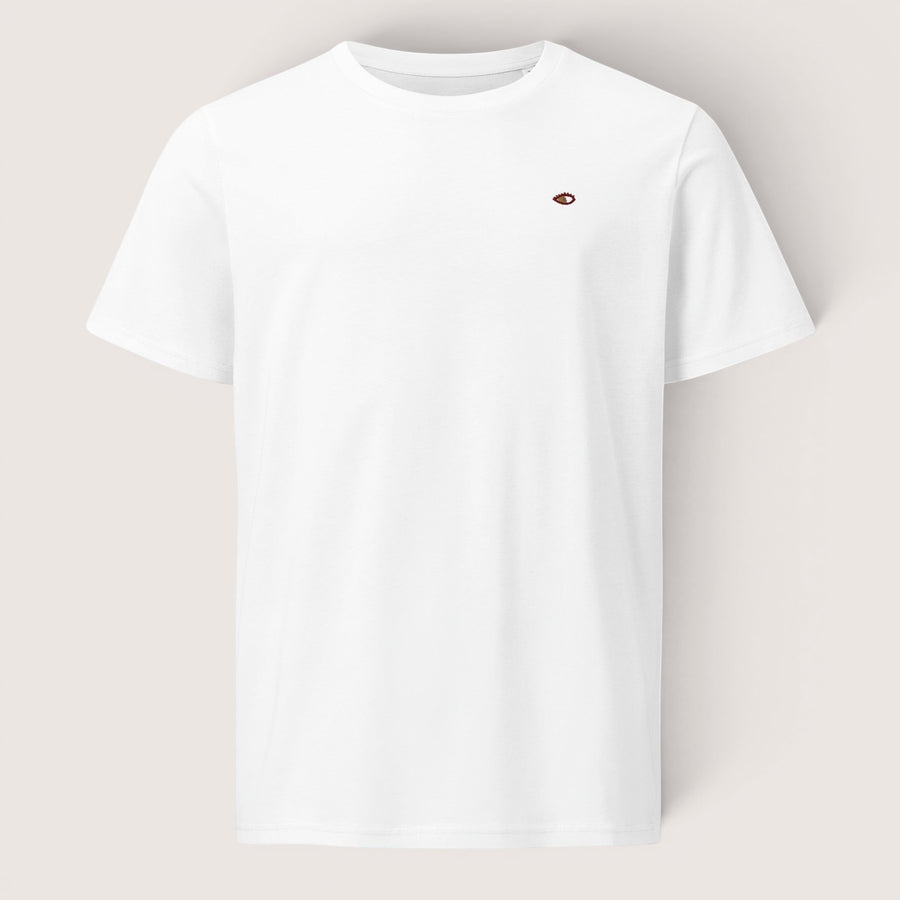ETHIKKALL t-shirt blanc en coton biologique avec un petit logo œil brodé sur la poitrine gauche.