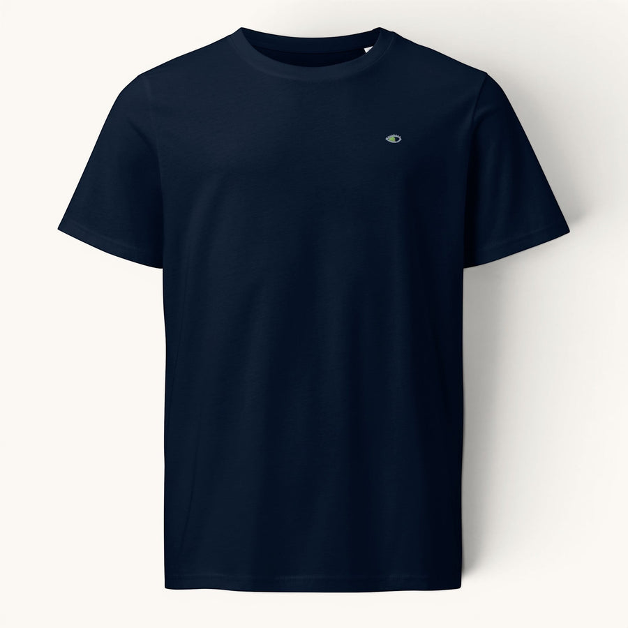 ETHIKKALL T-shirt bleu marine 100% coton biologique avec petit logo œil brodé sur la poitrine. Coupe droite.