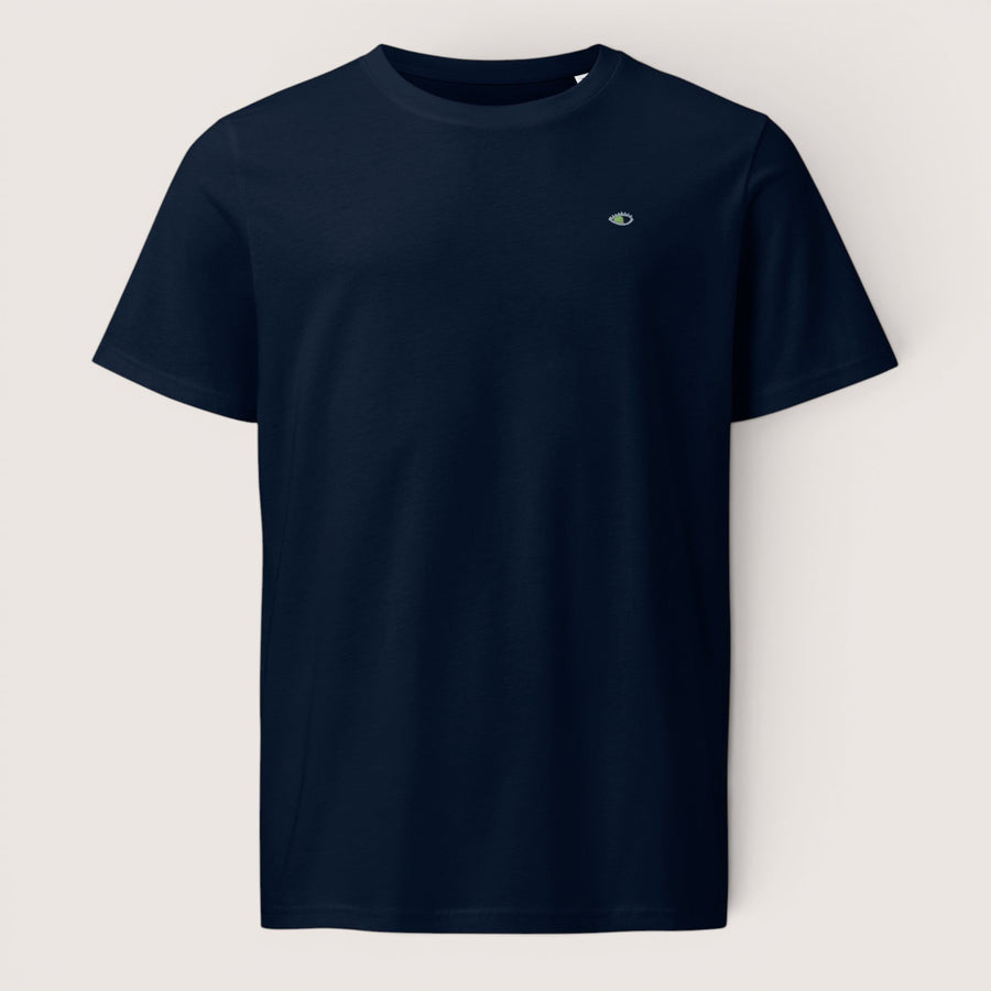 ETHIKKALL t-shirt bleu marine en coton biologique avec un petit logo œil brodé sur la poitrine gauche.