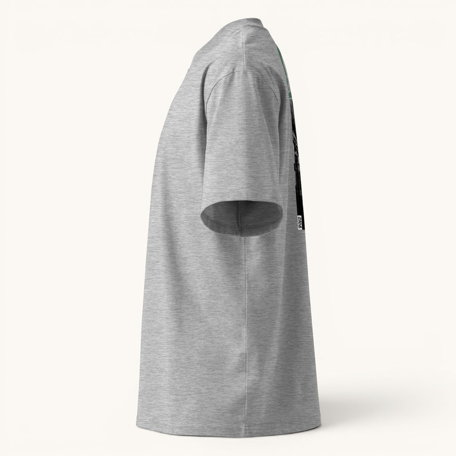 ETHIKKALL T-shirt gris ample en coton biologique avec col montant et épaules tombantes, idéal pour le streetwear.