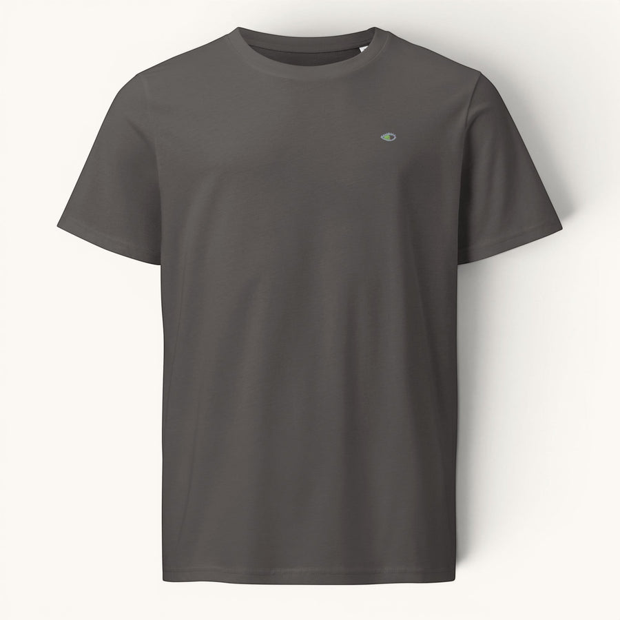 T-shirt anthracite ETHIKKALL en coton biologique avec un petit logo œil brodé sur la poitrine gauche. Coupe classique.