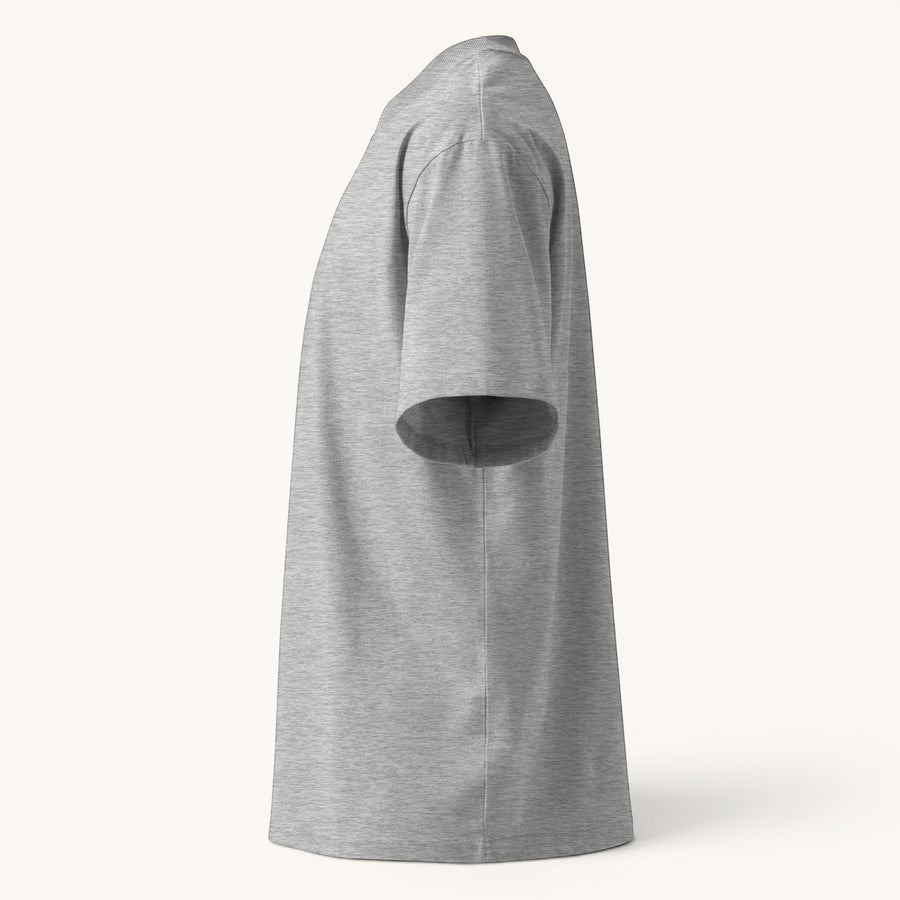 ETHIKKALL T-shirt ample gris en coton biologique pour homme, col rond, épaules tombantes, idéal streetwear.