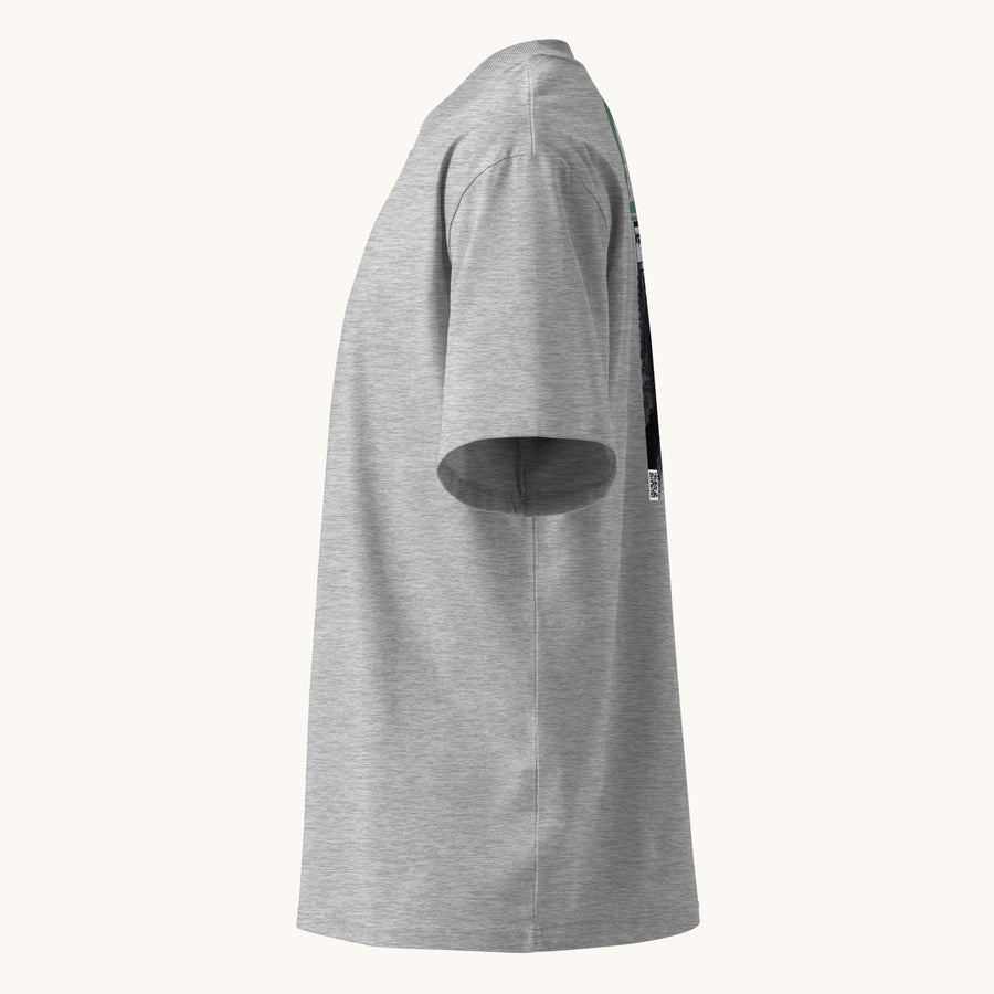 ETHIKKALL T-shirt gris ample en coton biologique avec col montant et épaules tombantes, idéal pour le streetwear.