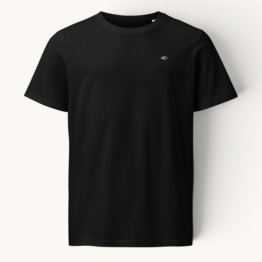 ETHIKKALL t-shirt noir en coton biologique avec un petit logo œil brodé sur la poitrine gauche.