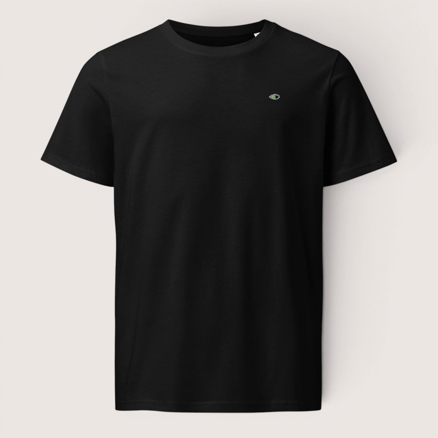 ETHIKKALL t-shirt noir en coton biologique avec un petit logo œil brodé sur la poitrine gauche.