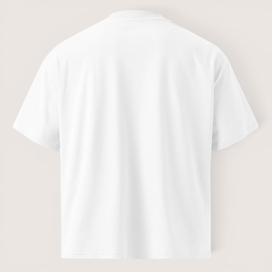 T-shirt oversize blanc ETHIKKALL en coton biologique épais avec col montant, vue arrière