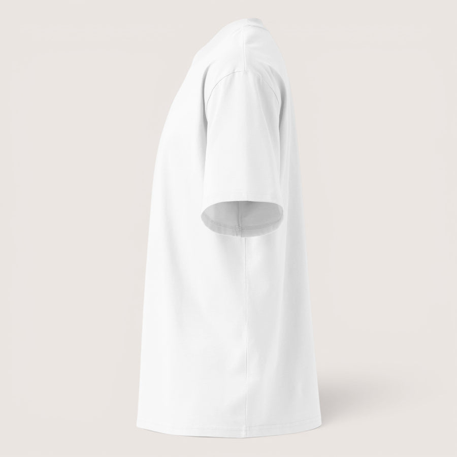 T-shirt oversize blanc ETHIKKALL Le Réveil en coton biologique épais avec col montant, vue de profil