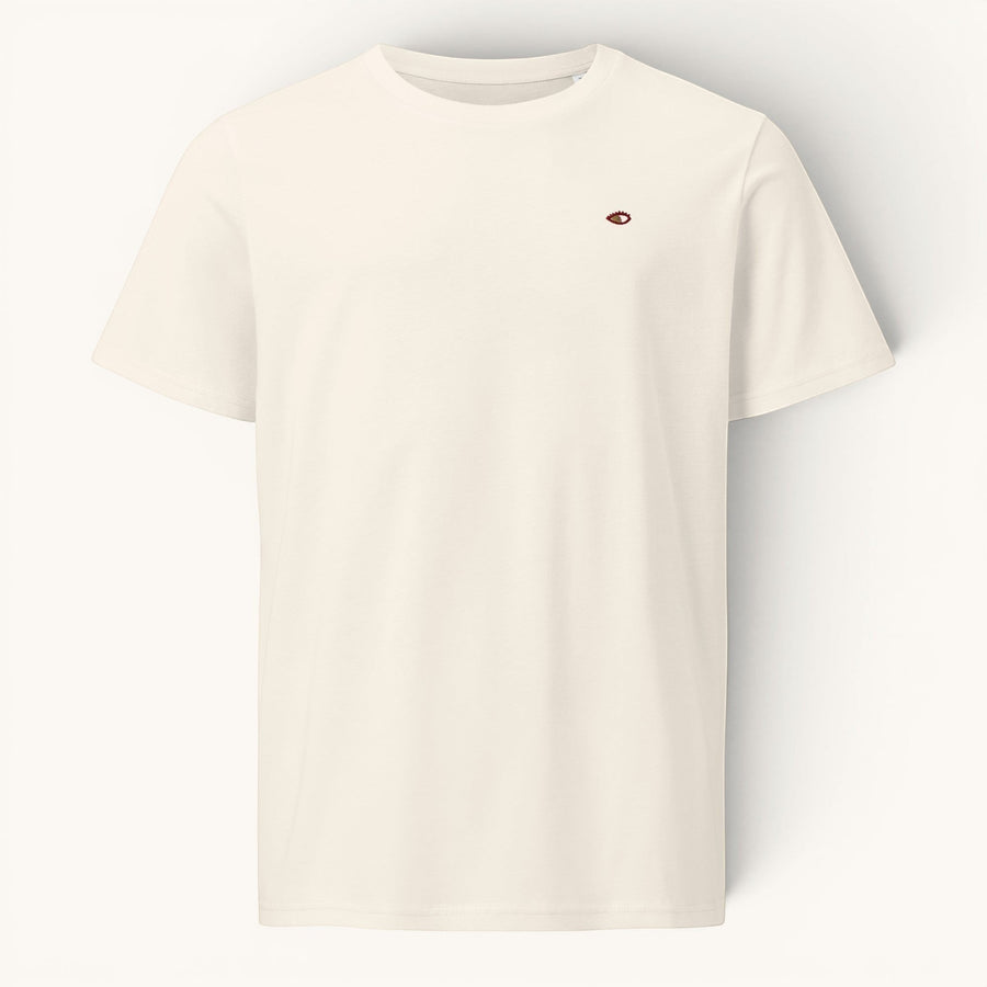 ETHIKKALL t-shirt blanc cassé en coton biologique avec un petit logo œil brodé sur la poitrine gauche. Coupe droite.